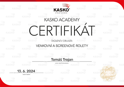 Certifikát kasko - Interiérové stínění - Tomáš Trojan